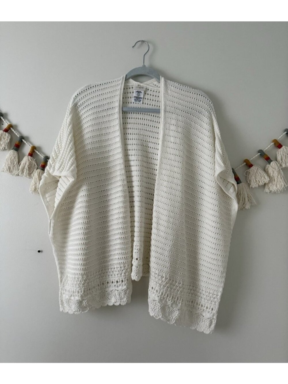 J. Crew Pointelle Open Front Lace Scallop Hem Kimono Cardigan Cottage Beach OS
